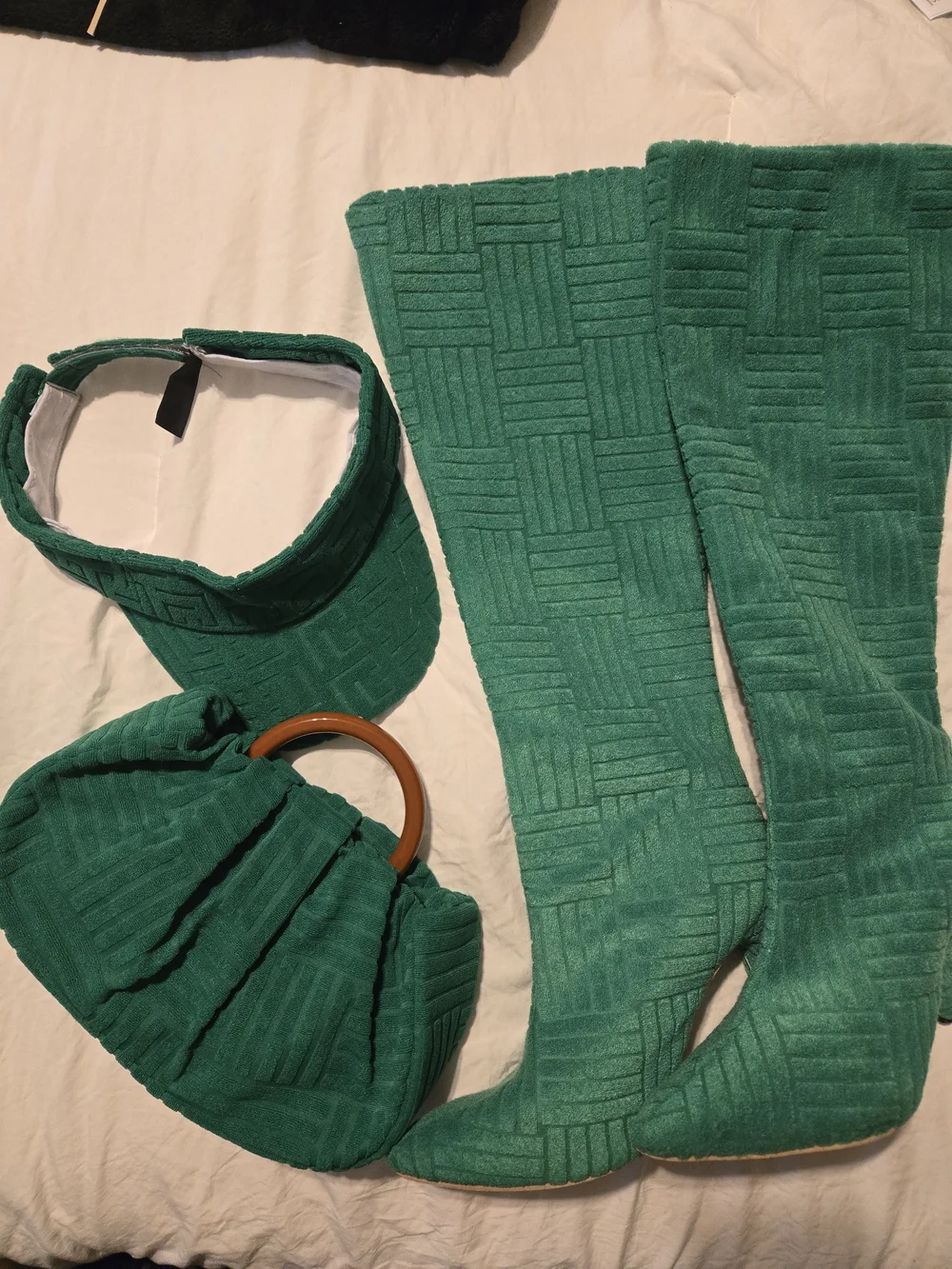 Green Textured Over-the-Knee Boots with Matching Visor and Handbag